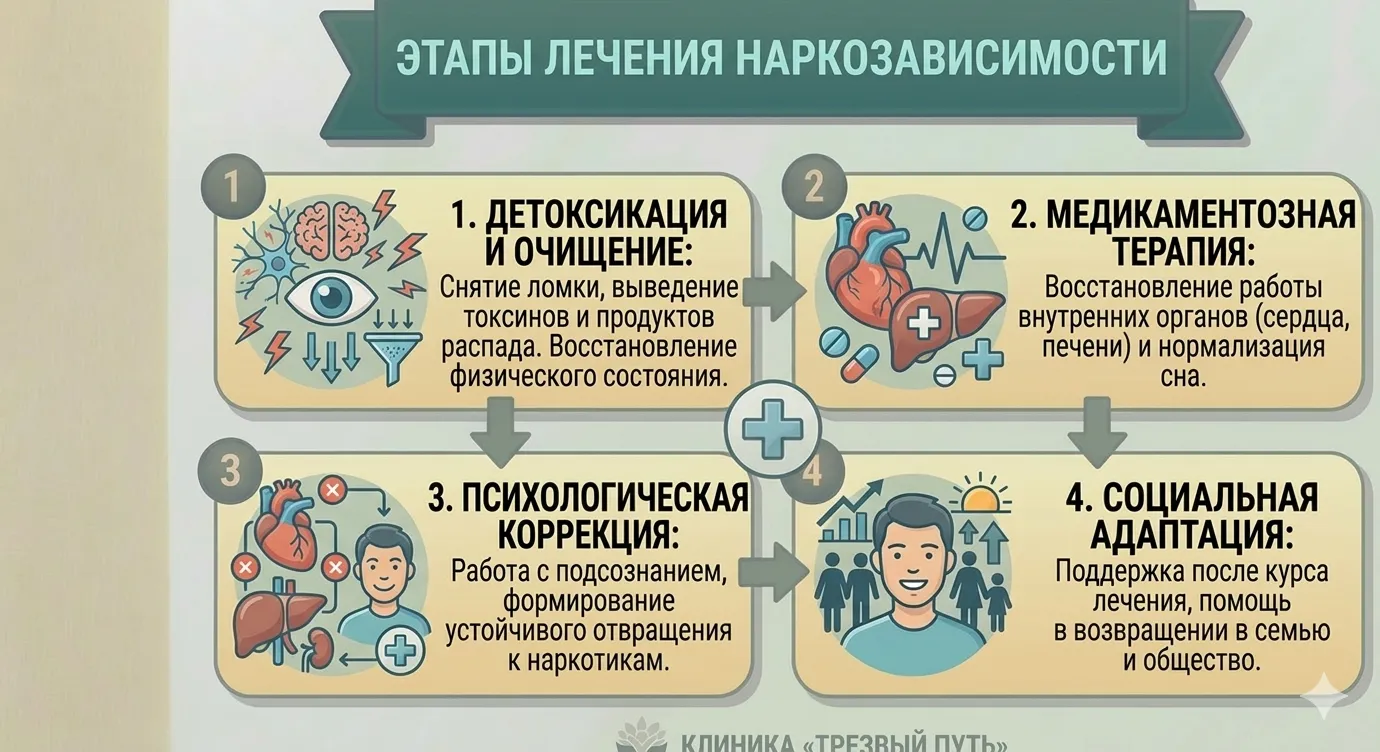 Инфографика «ЭТАПЫ ЛЕЧЕНИЯ НАРКОМАНИИ»