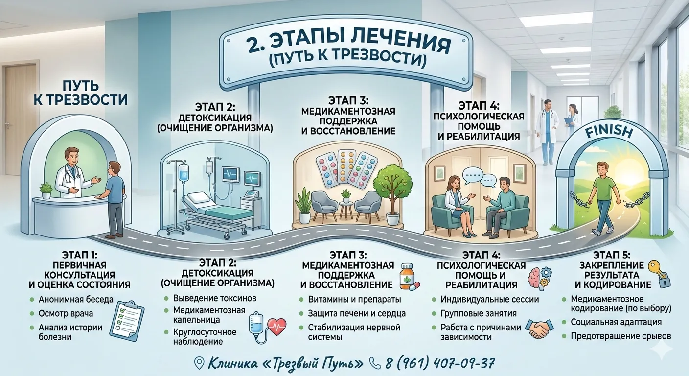 Этапы лечения алкоголизма в стационаре клиники Трезвый Путь